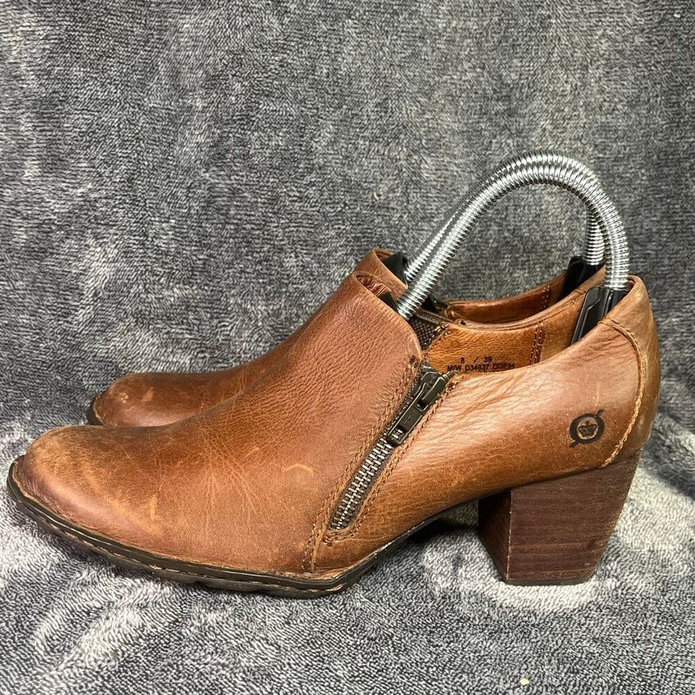 Born Carteret Boot Womens Size 8 Cognac Leather Shootie Block Heel Bootie Shoe